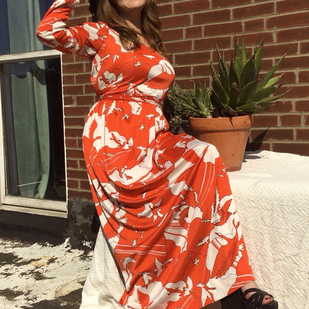 Vintage Henry Lee maxi 60s ABSTRACT Japanese crane swan belted mod retro gown ML
